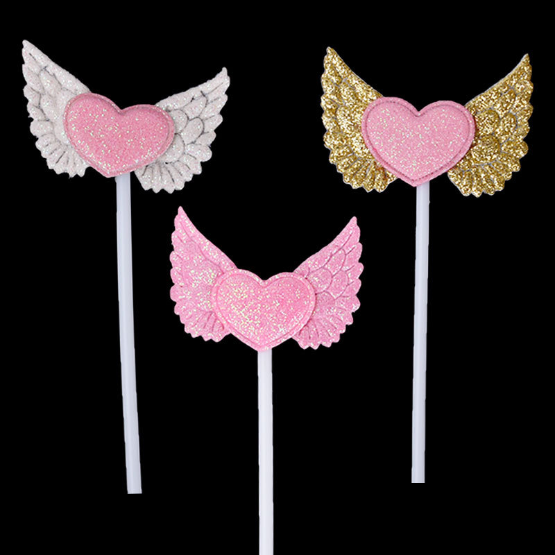 Conjunto de 10 peças com asas de amor, decoração de bolo, inserção de bandeira, cartão de inserção, princesa, menina, um