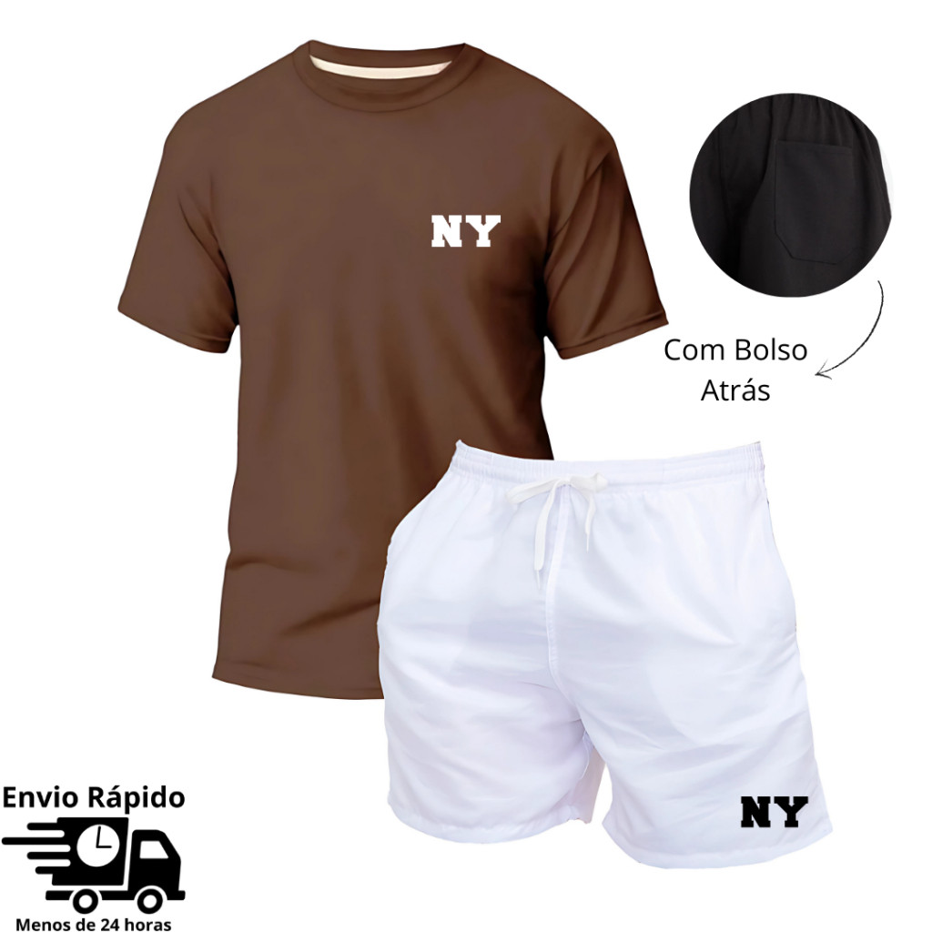 Conjunto Camiseta Masculina + Bermuda Tactel Estilo Praia Mauricinho Moda Casual Academia New York