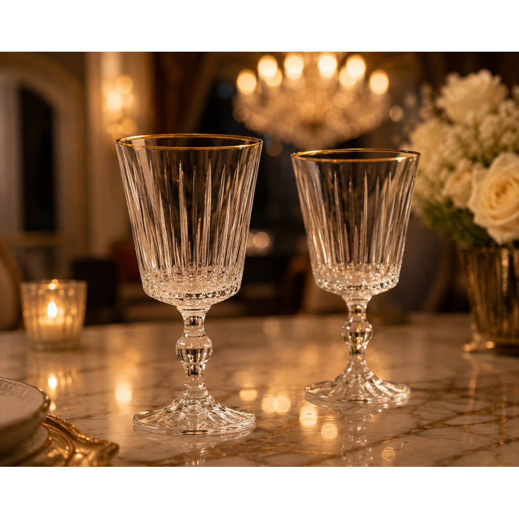 Kit 6 Taças Vinho Cristal Lapidada Filete Ouro Borda Dourada 330ml Tinto Casamento Mesa Posta
