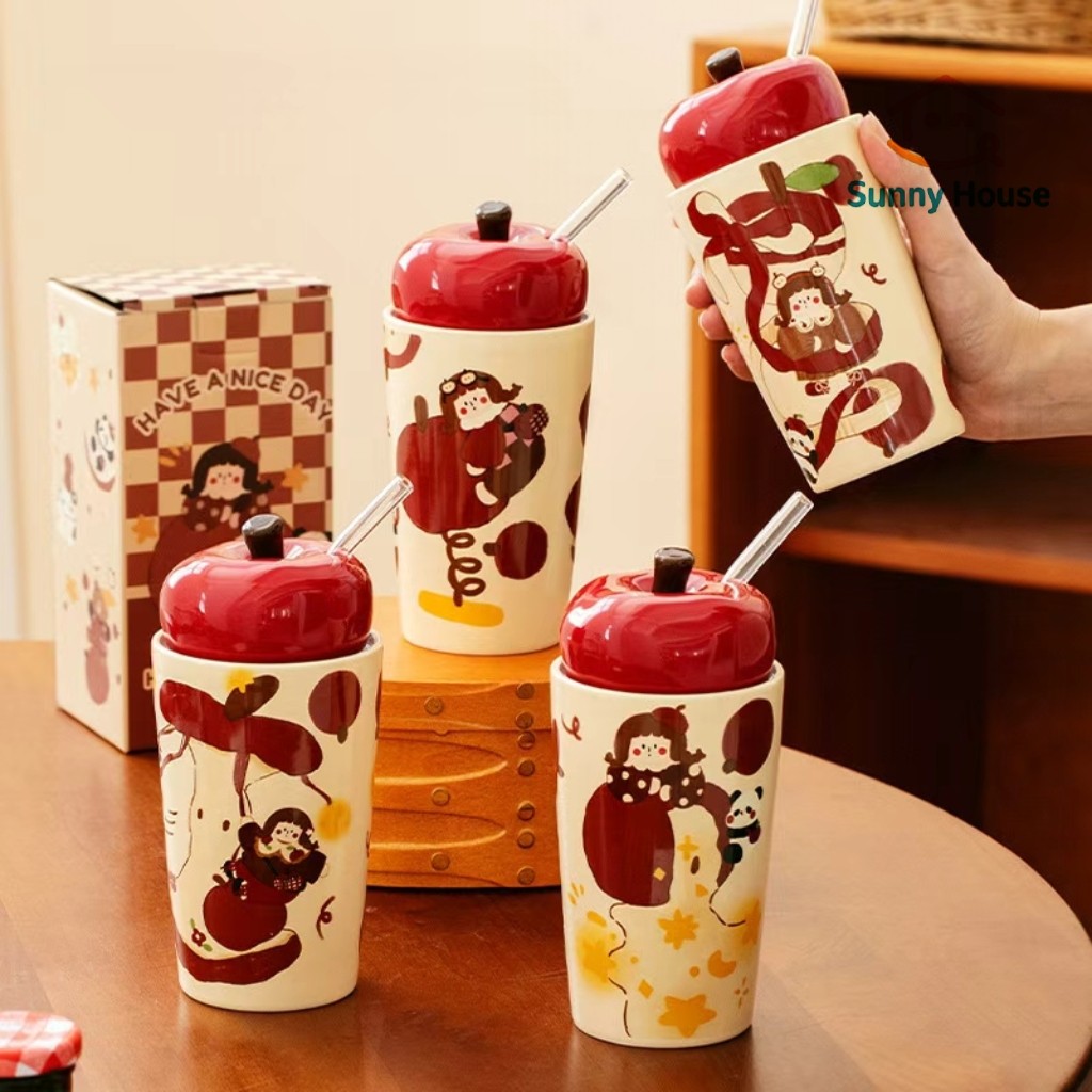 Copo de água presente de alto valor ins copo bebendo copo de café da manhã bonito copo de palha caneca de cerâmica com t