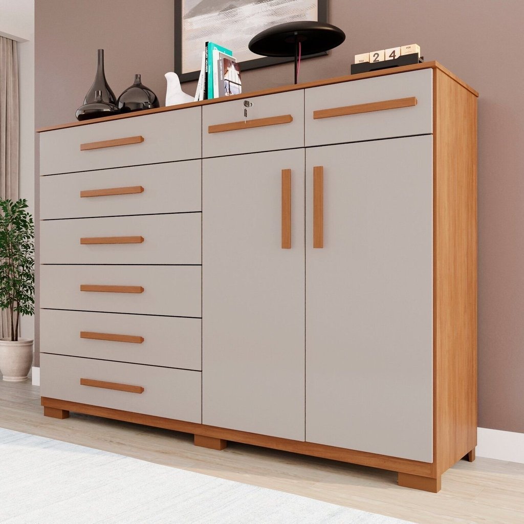 Cômoda para Quarto 2 Portas 8 Gavetas Esmeralda Expresso Móveis Cinamomo/Off White