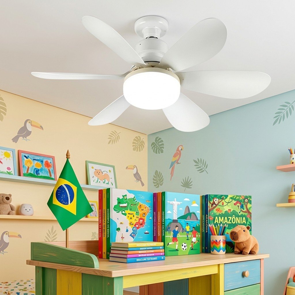 Achadinhos Shopee Mini Ventilador De Teto Lampada E27 Inteligente 6 Folhas Com Luz Controle Remoto Regulável 60W