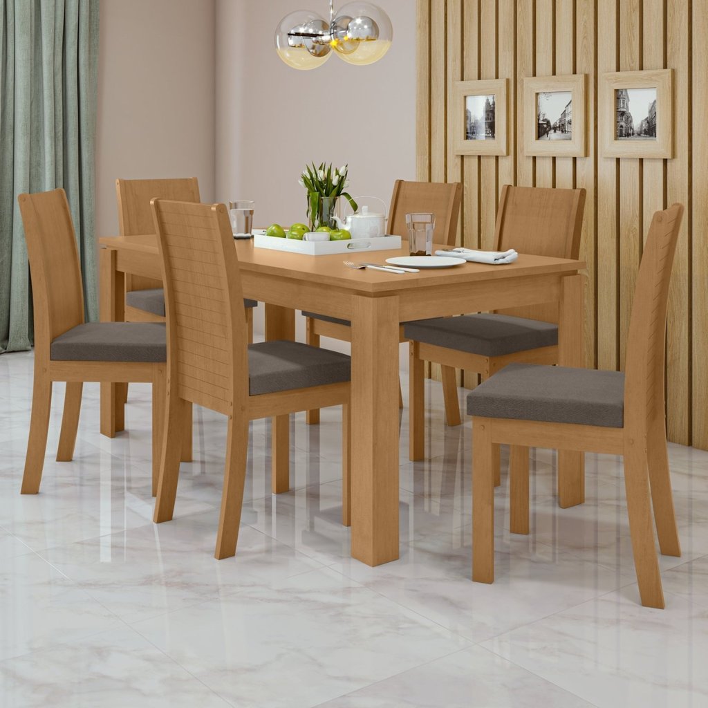 Conjunto Sala de Jantar 6 Lugares Retangular 180cm Tampo MDF Mesa e Cadeiras Athenas Amêndoa Clean/Suede Animale Bege