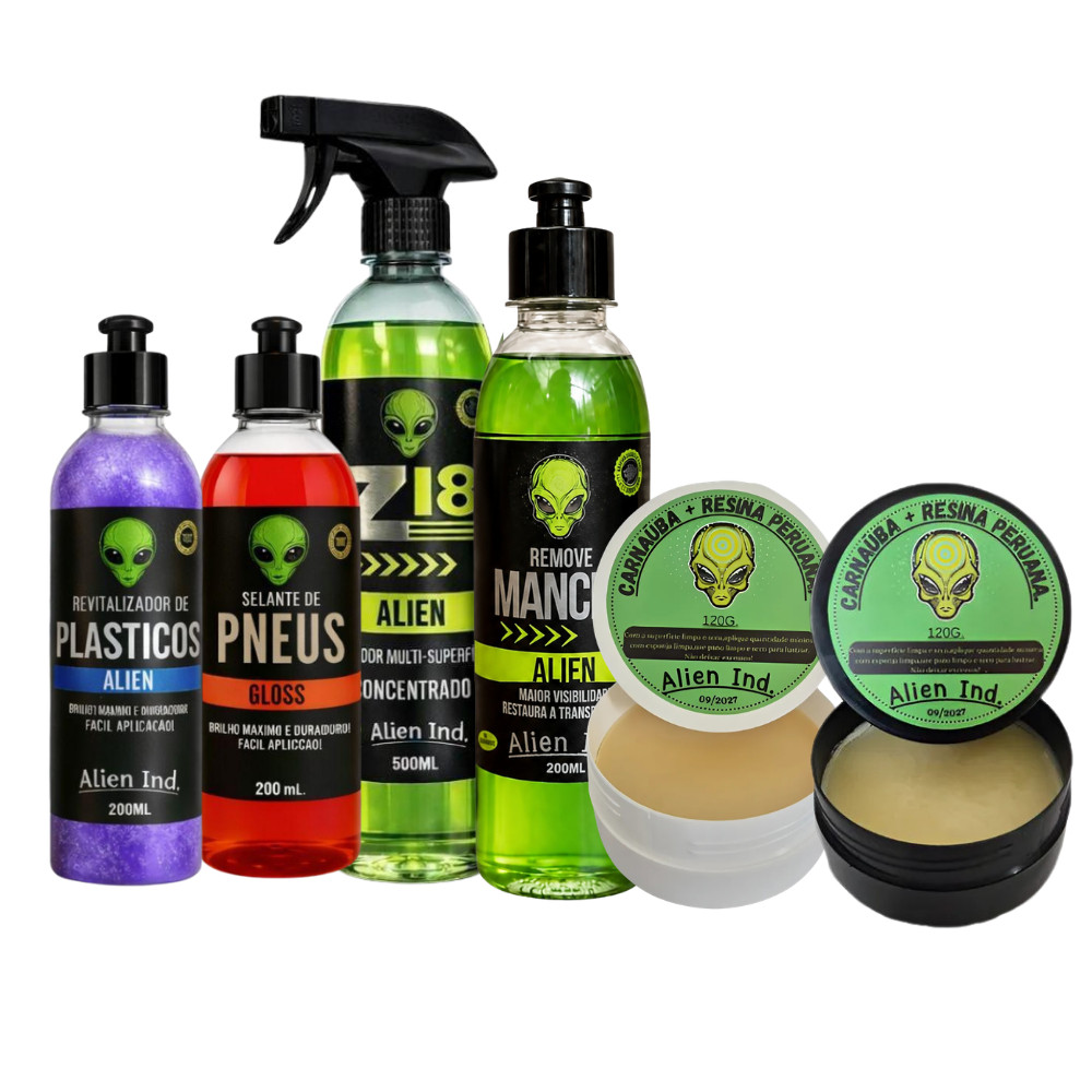Kit Alien 6 Itens Cera Polidora Cera Restauradora Plástico Pretinho Z18 Limpa Teto E Estofado
