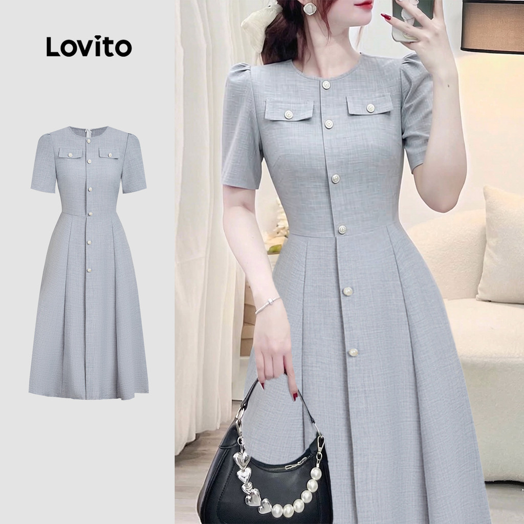 Vestido Feminino Lovito Midi Elegante Nacional Azul Primavera/verão Feminino com