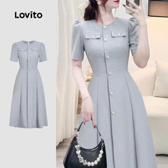 Vestido Feminino Lovito Midi Elegante Nacional Azul Primavera/verão Feminino com Botão Frontal Bolso Falso L182LD046