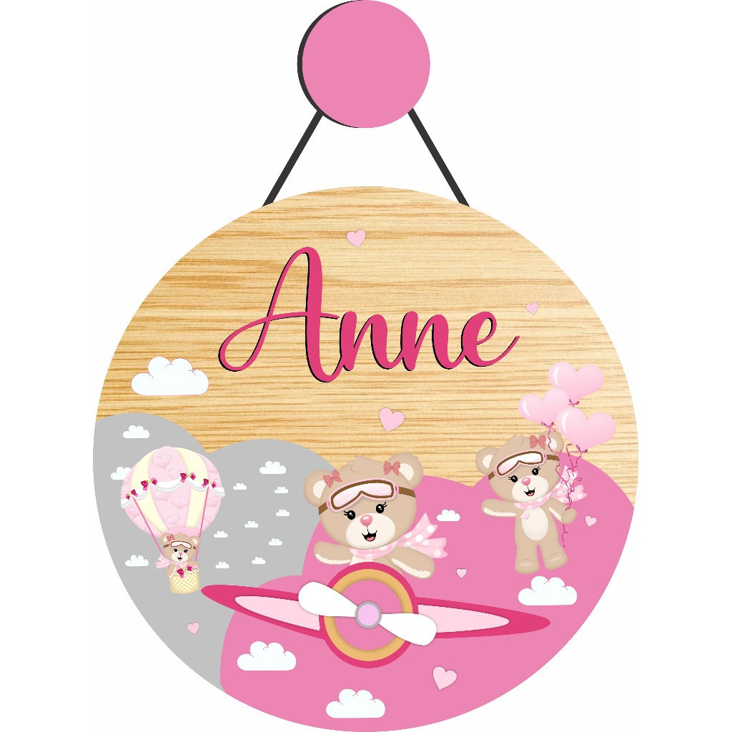 enfeite Porta Maternidade Ursinha Aviadora, Baloeira Corações, Ursa Balão -Nome Personalizado Bebê - Decoração
