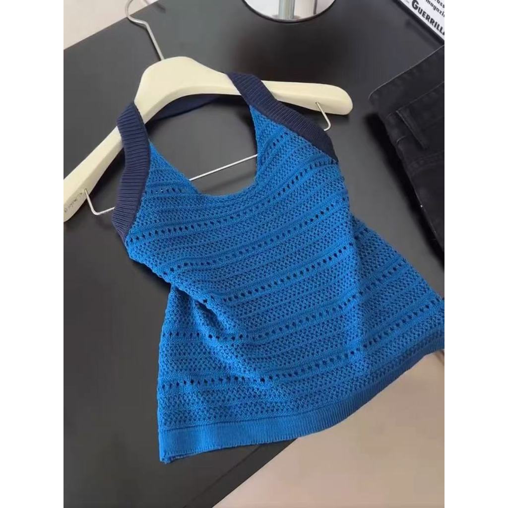 Golpe de produtos Niu X!Azul oco Halter pescoço sem mangas camisola feminina verão quente menina magro-ajuste malha topo