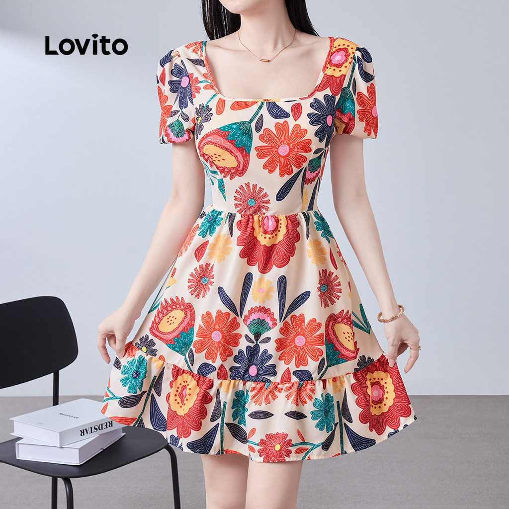 Lovito Vestido Boho com Laço e Estampa de Primavera/verão para Mulheres L190ED40