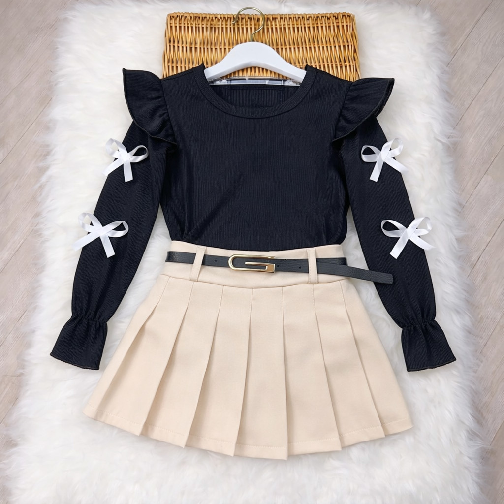 KIT 3 PEÇAS Conjunto infantil Blusa + short saia plissado e Cinto moda  inverno-frio 2026