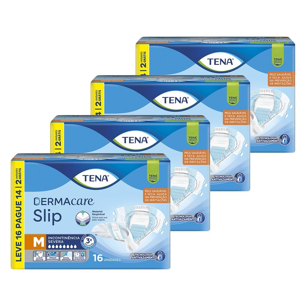 Fralda Descartável Tena para Adulto Slip Dermacare - 4 Pacotes com 16 Fraldas - Total 64 Tiras - Leve 16 Pague 14