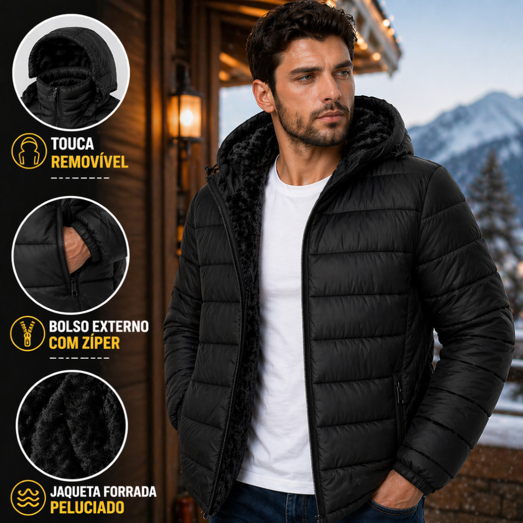 Jaqueta Puffer Bobojaco Masculina Forrada Peluciada Capuz Removível Corta Vento Blusa Inverno Frio Confortável Estilosa