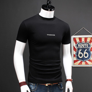 2025 Camiseta masculina de manga curta de algodão mercerizado duplo Street Wear Slim-Fit gola média meia manga camiseta 