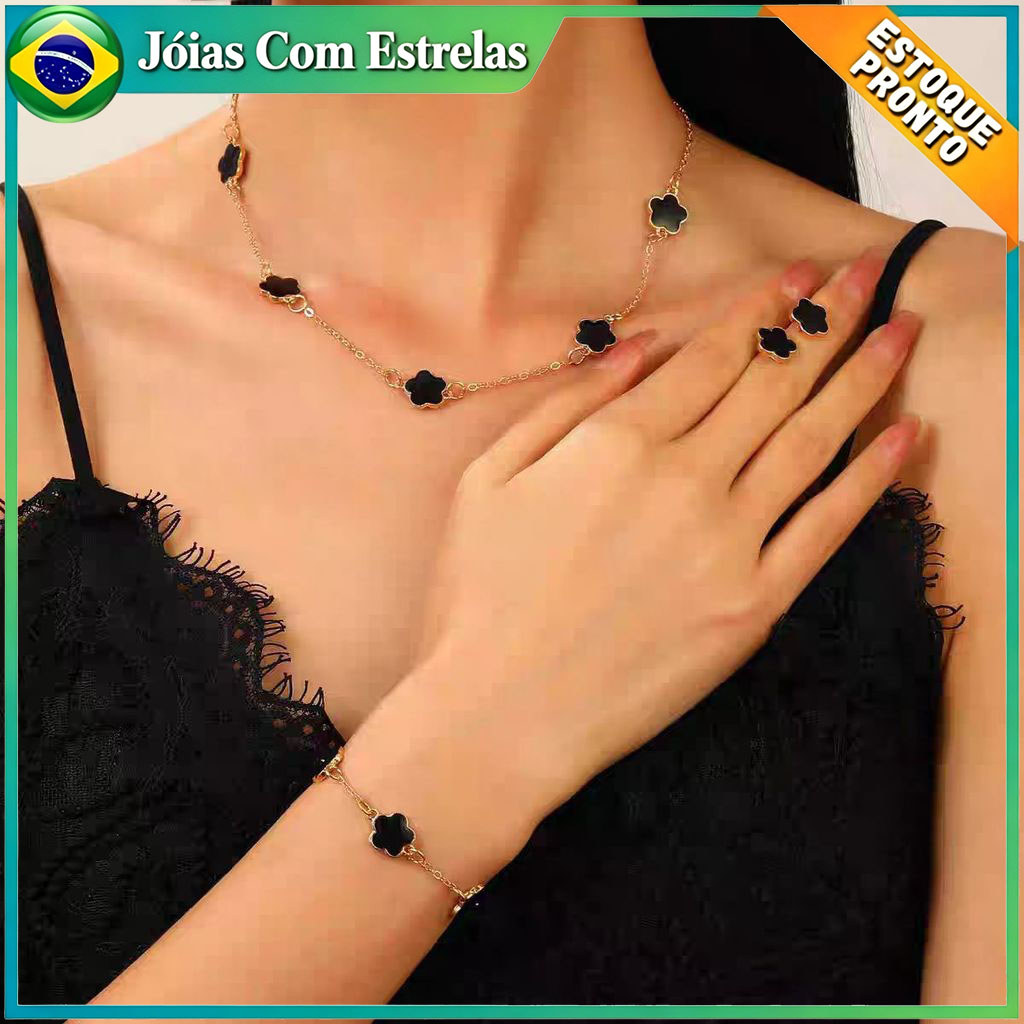 Conjunto de joias da sorte com trevo de quatro folhas para mulheres colar pulseira e brincos  Presente para mulheres