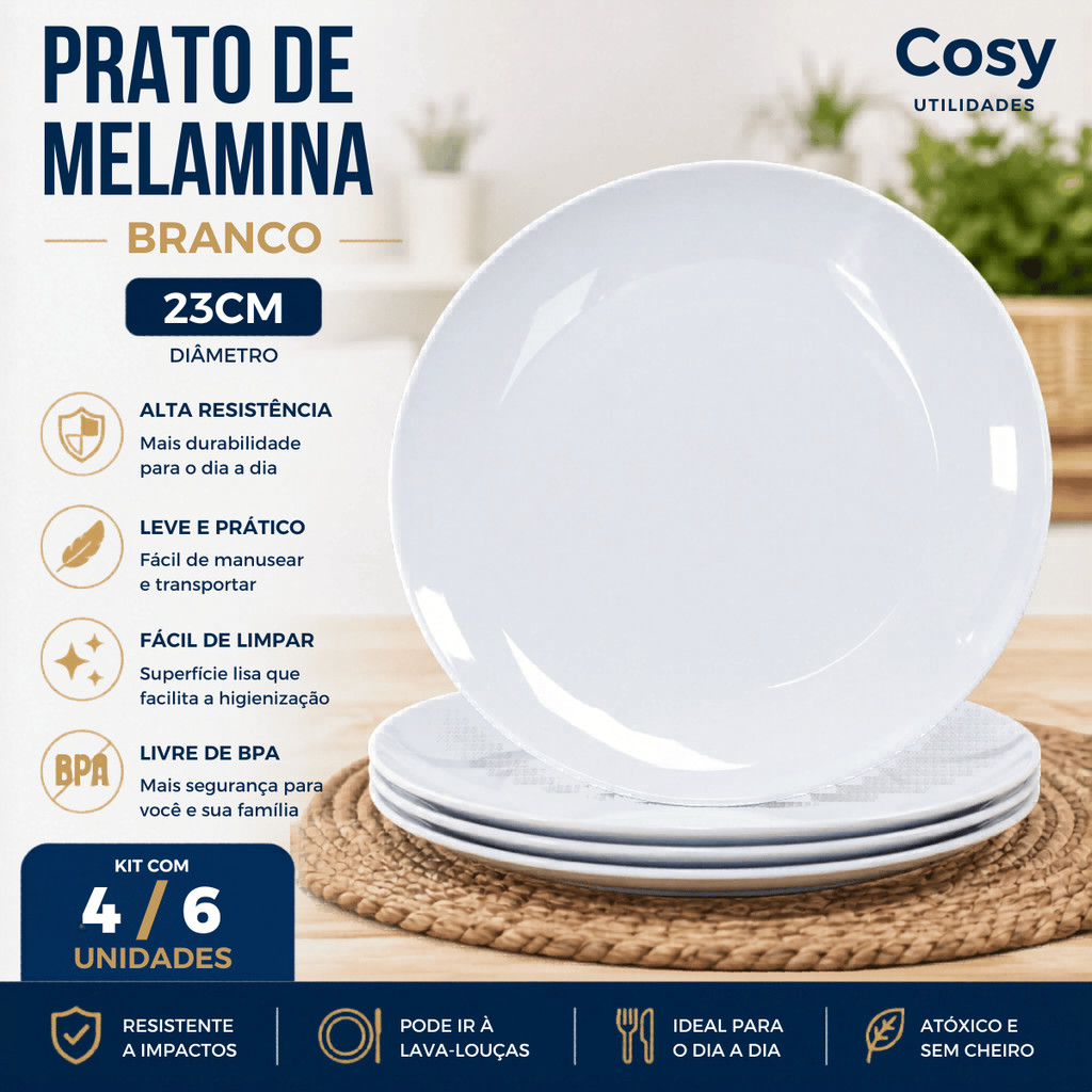 Kit 4/6 Prato de Melamina 23cm Branco - Cosy / Mesa Servir Sushi Sobremesa Cozinha Utensilio
