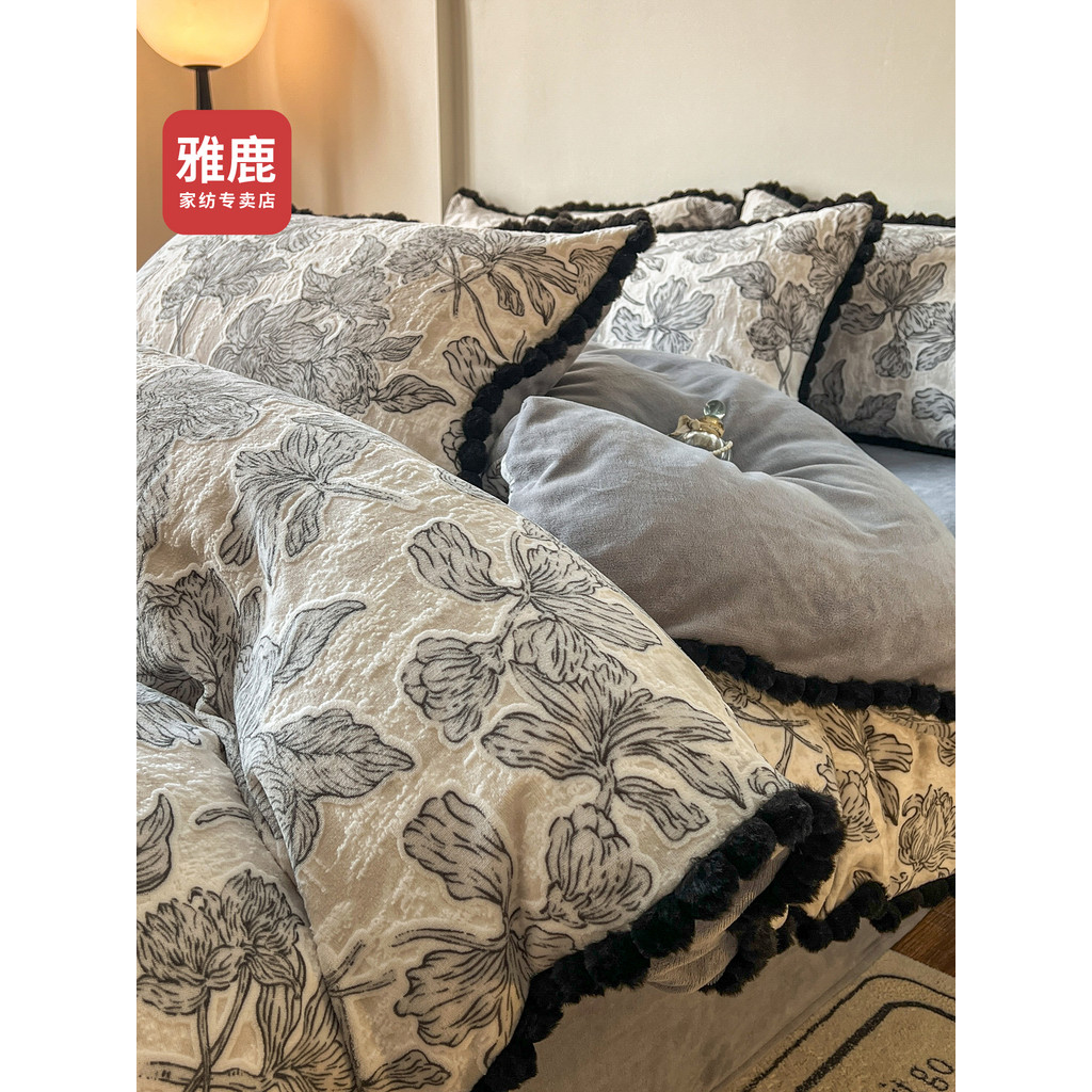 Yalu inverno francês engrossado esculpido leite veludo cama conjunto de quatro peças Coral veludo quente capa de edredão