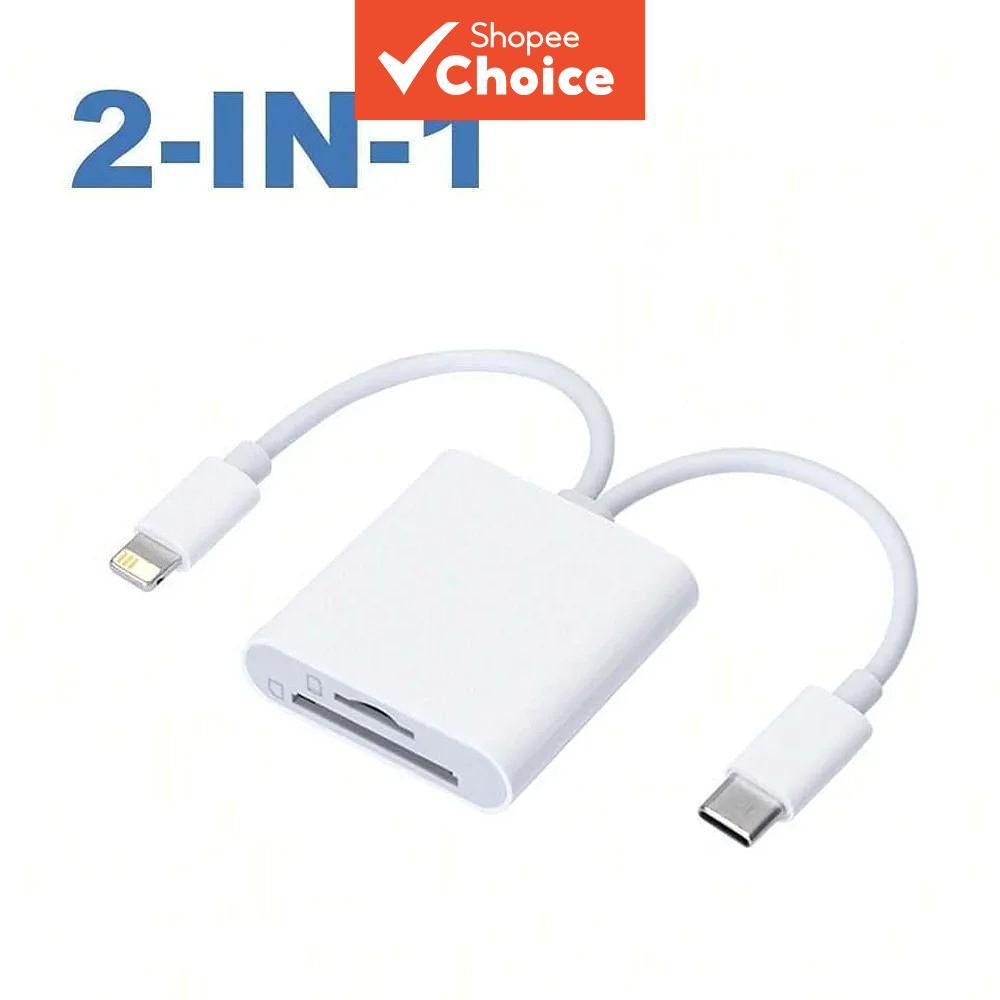 Adaptador multifuncional 2 em 1 para leitor de cartão SD/TF IOS e USB C com slot duplo, plug and play.