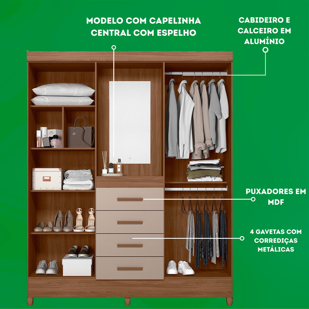 Guarda Roupa Casal Quarto Atenas Frisado 4 Portas 4 Gavetas com Espelho Carvalho com Fendi - Moval · foto 2