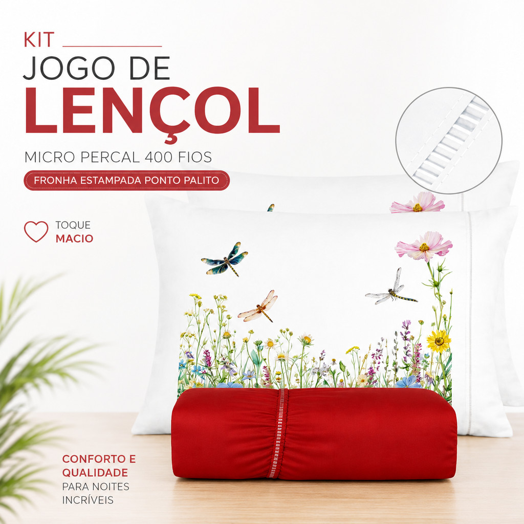 Kit Jogo De Lençol Micropercal 400 Fios Fronha Estampada Ponto Palito - Libélula Lançamento