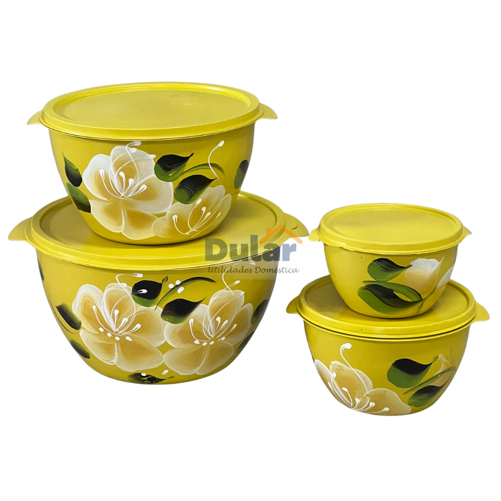 Kit Potes Amarelo Multiuso Mantimentos Flor 4 peças Bowls Tigela Saladeira Cozinha Utilidades