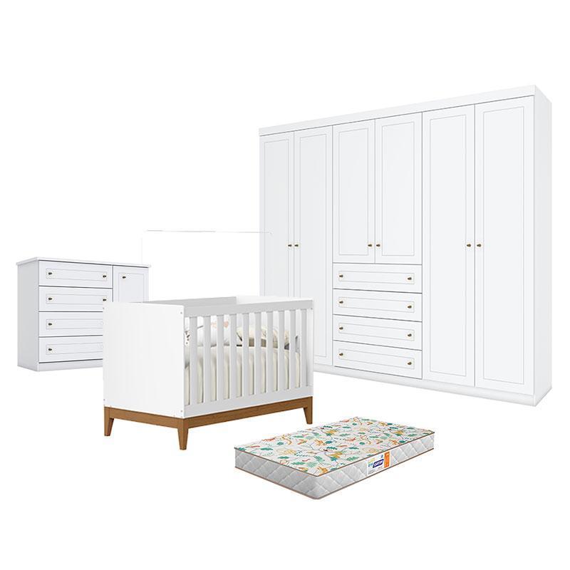 Quarto de Bebê Americano 6 Portas com Berço Americano Flip Branco Acetinado Reller e Colchão Gazin - Henn