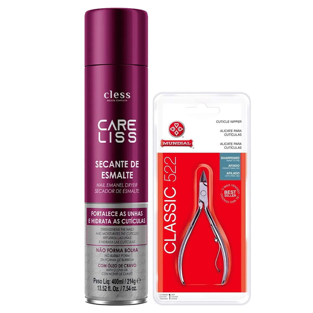 Kit Spray Secante Esmalte Care Liss 400ml + Alicate Cuticula Mundial 522 10cm