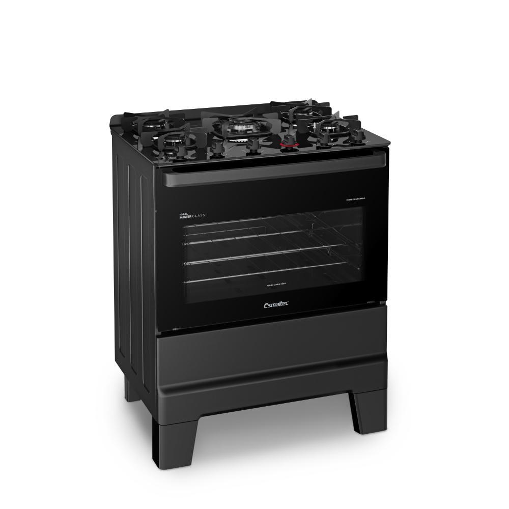 Fogão Esmaltec Ideal Master Glass 5 Bocas 84L Bivolt Preto Mesa de Vidro Tripla Chama