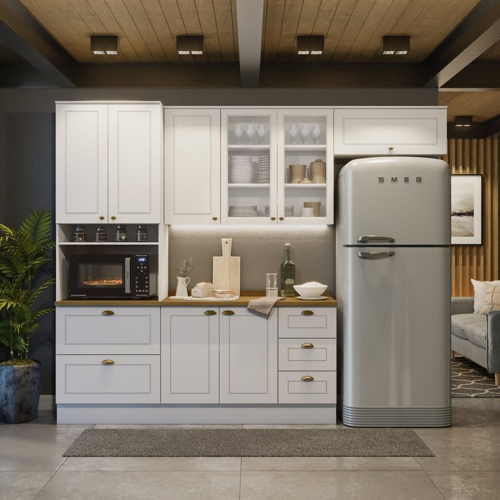 Cozinha Compacta Modulada 4 Peças com Torre Quente Emily Branco/HP/Nature Branco HP/Nature