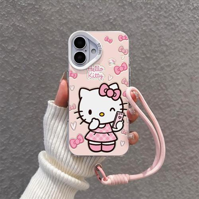 Capinha + cordão para iPhone 11 12 13 14 15 16 17 Pro Max Plus Samsung S25 S24 S23 A15 A36 Kitty Laço Rosa