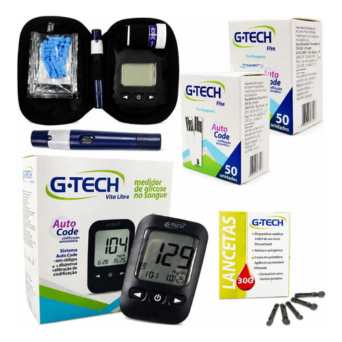 Kit Medidor Glicose Completo Diabete G-tech Vita Ultra+110 Tiras + Lancetas + caneta lancetadora
