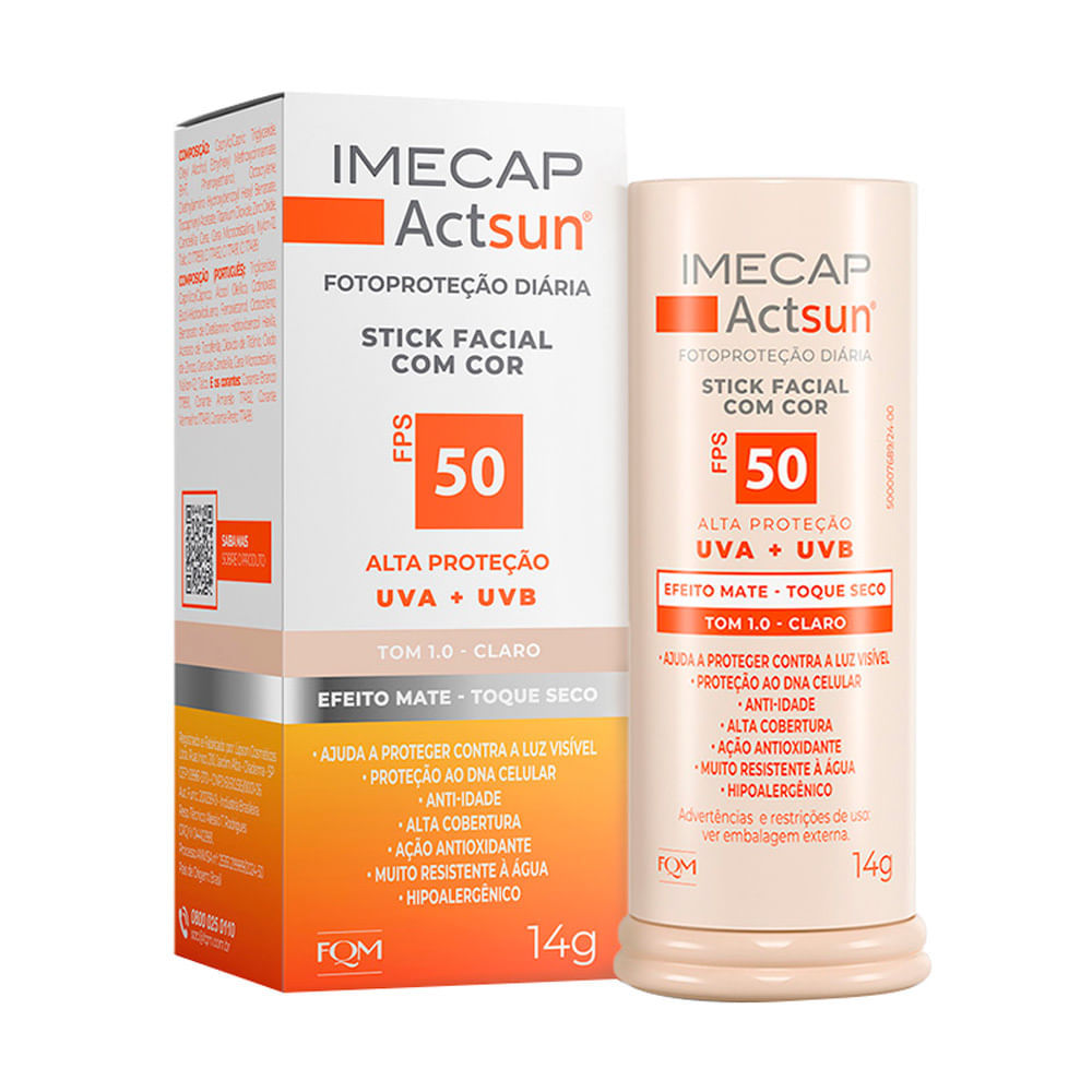 Protetor Solar Imecap Actsun Stick Facial Efeito Matte FPS 50 Cor Tom 1.0 Claro 14g