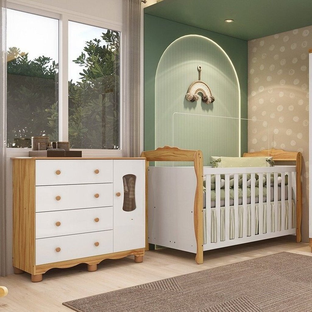 Quarto de Bebê com Cômoda Janelada e Berço Minicama 100% MDF Aurora Espresso Móveis Branco/Brilho/Amêndoa Branco