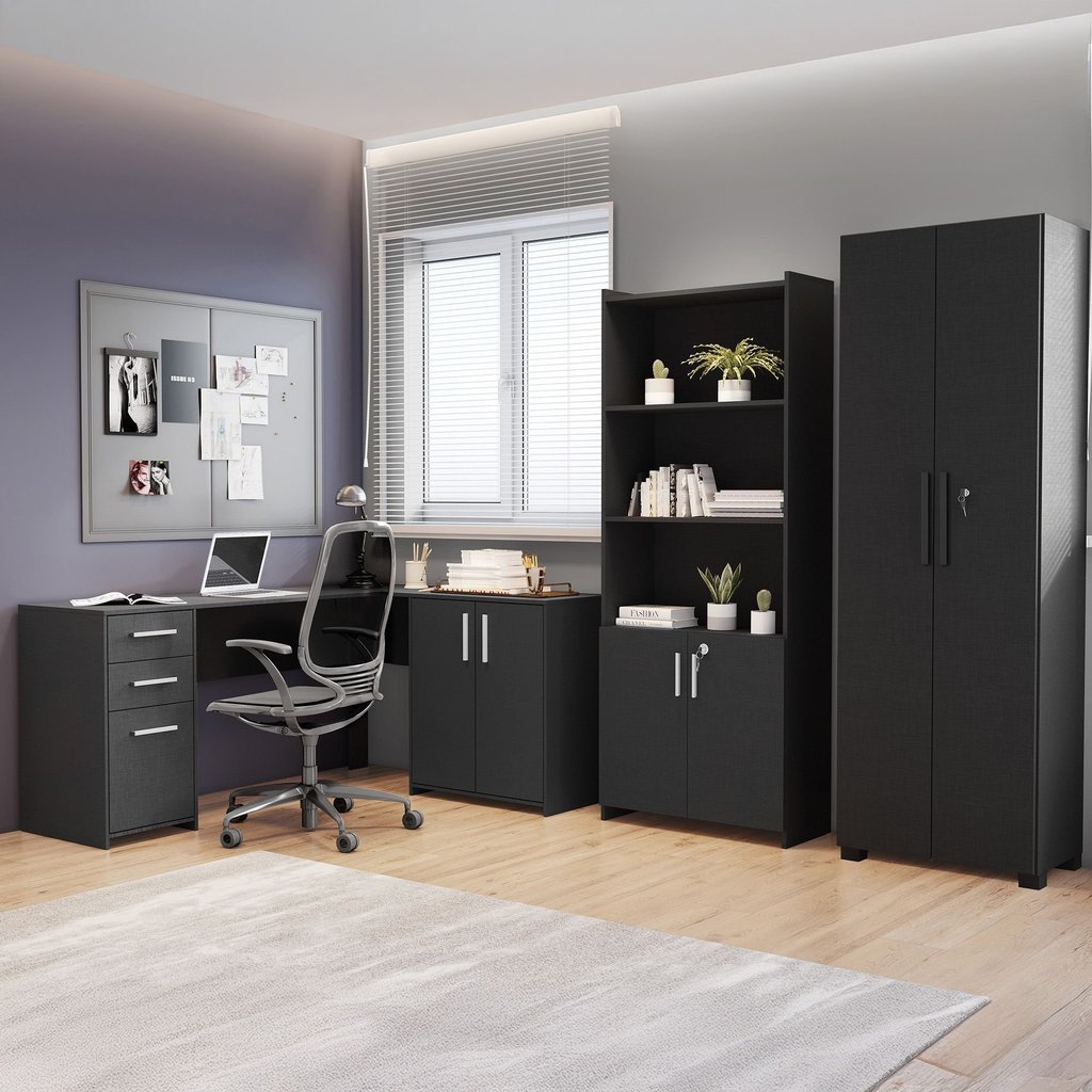Conjunto 3 Peças com Mesa para Escritório em L, Armário Multiuso Alto Aberto e Fechado Preto Tx Preto Tx