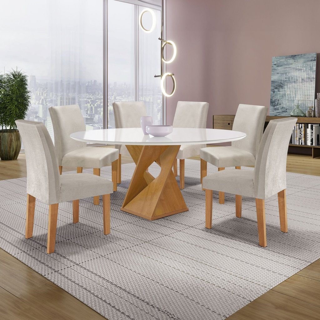 Conjunto Mesa Barcelona 120cm com 6 Cadeiras Espanha Tampo Plus Redondo Vidro Yescasa Cinamomo/Off White/Boucle Gelo