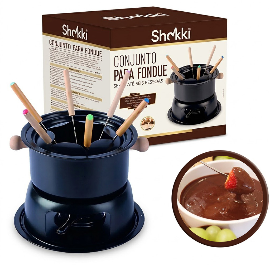 Kit De Fondue 11 Peças Preto Completo Para Queijo Chocolate E Carne Com Garfos Base Tippi