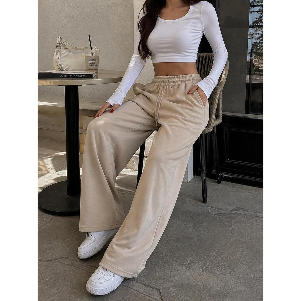 Calça Pantalona Feminina Moletinho Premium Cintura Alta Wide Leg Confortável Moda TikTok Viral Casual Academia e