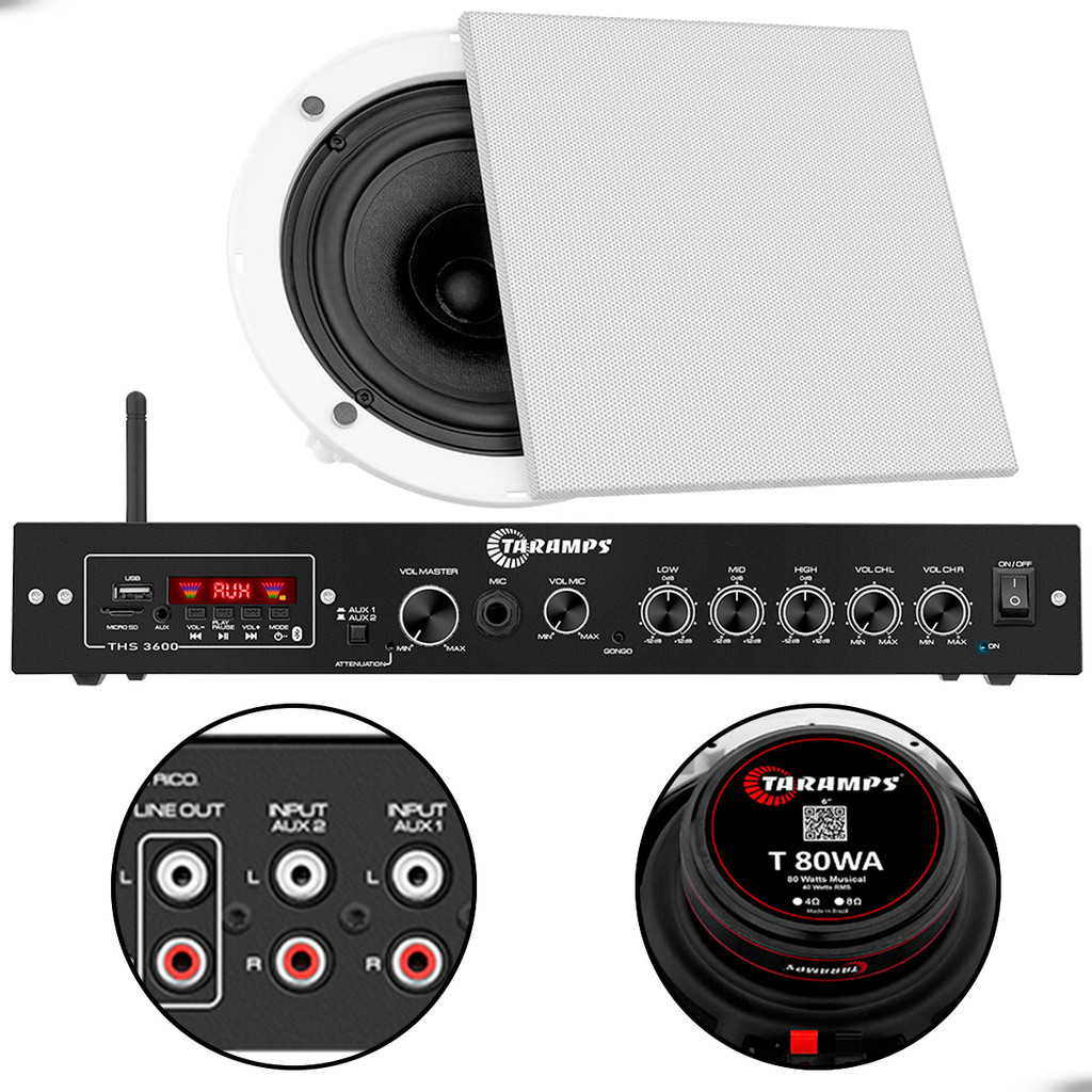 Kit Som Residencial Taramps THS 3600 Bluetooth saida Line Out e Arandela Branca Taramps Quadrada 80W 4 Ohms