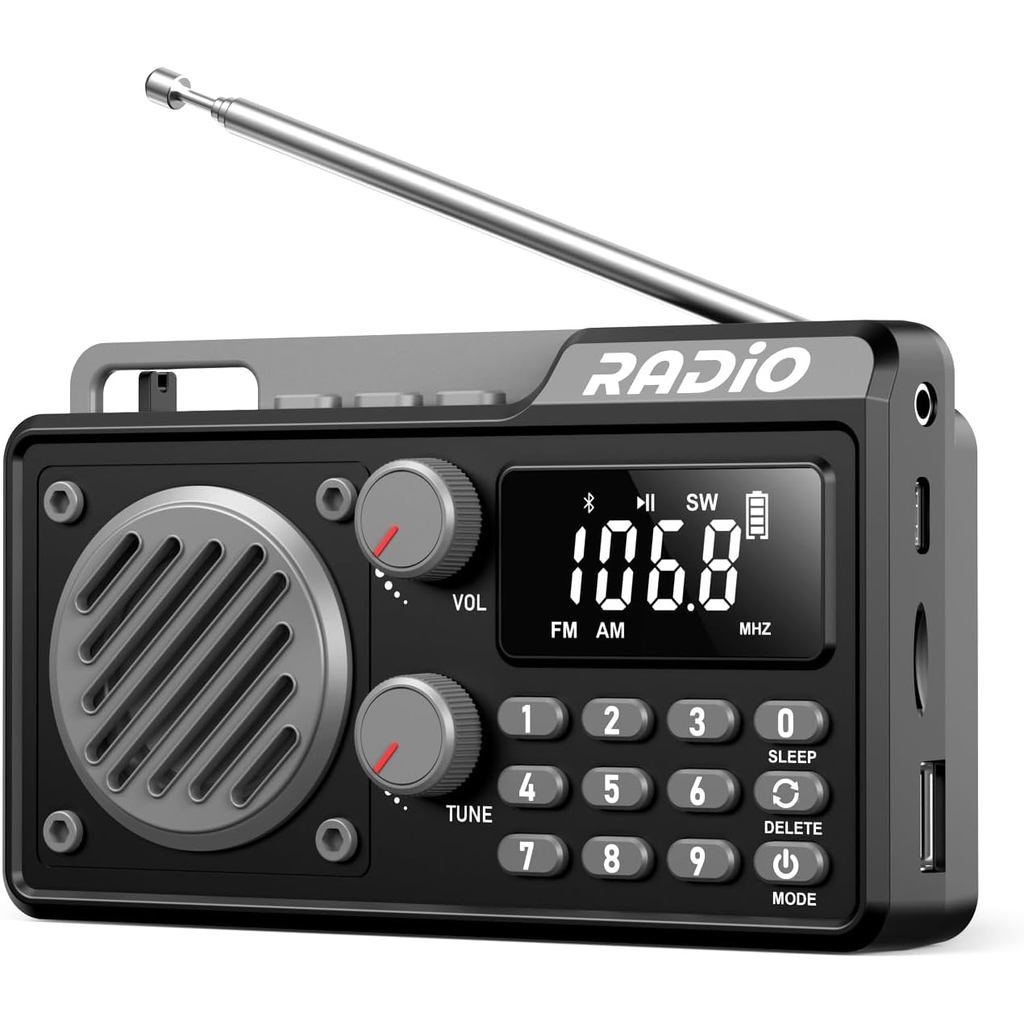 Rádio Portátil AM FM 1500mAh Recarregável com Melhor Recepção, Rádio Transistor de Ondas Curtas, Alto-falante Bluetooth