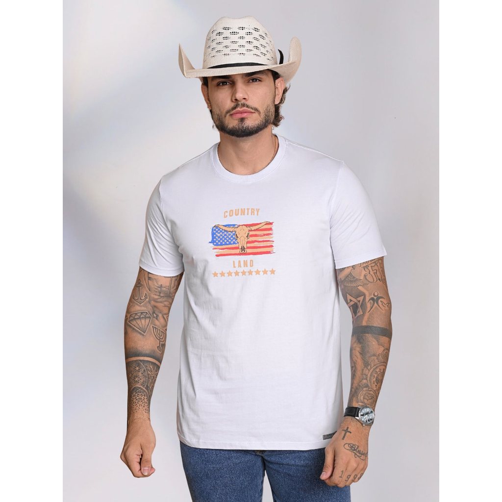 Camiseta Masculina Gola Redonda Lisa Estampada Bordada Country Casual Dia a Dia Festa Presente