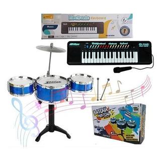 Kit Musical Infantil Mini Bateria com 3 Tambores e Teclado Piano 32 Teclas Rosa Inclui Microfone e Baquetas