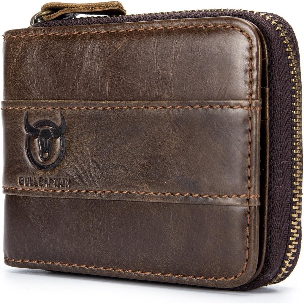Carteira de Couro Masculina BULLCAPTAIN com Zíper e Bloqueio RFID, Porta-Moedas (Marrom Escuro)