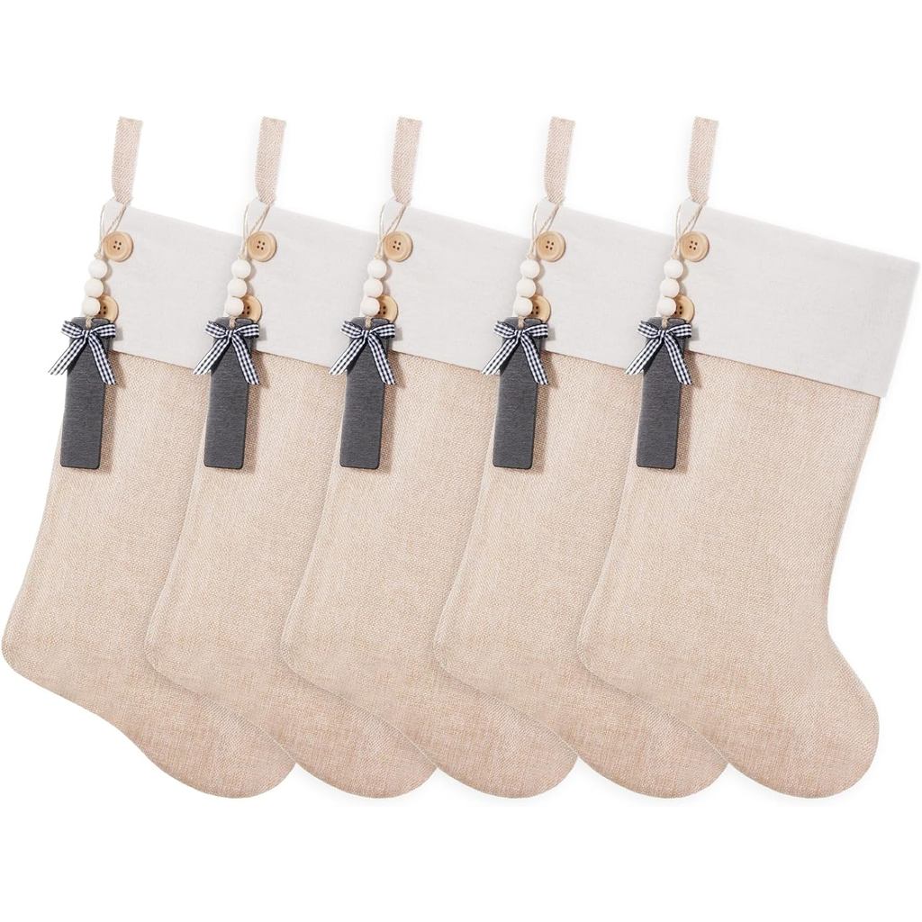 19.5 inch Personalized Burlap Christmas Stockings，Blank Wooden Tags DIY Name,Holiday Party Decor（flaxen 5Pcs）