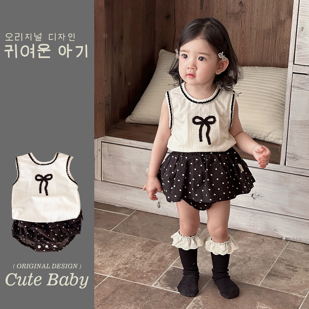 Infantil sem mangas arco colete superior terno de duas peças roupas de bebê doce bolinhas roupas infantis estilo verão