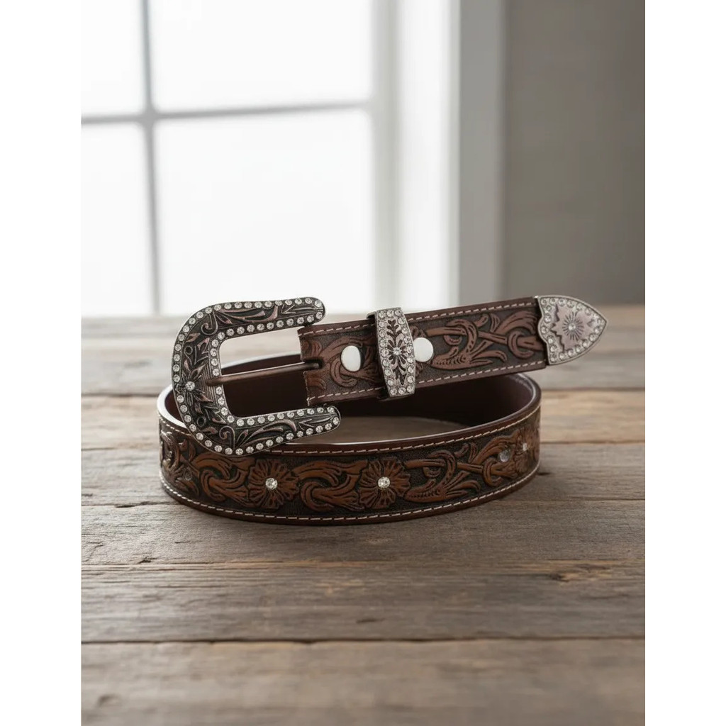 Cinto Feminino  Country em Couro Legítimo Fivela Premium Strass Estilo Cowgirl Look Barretão