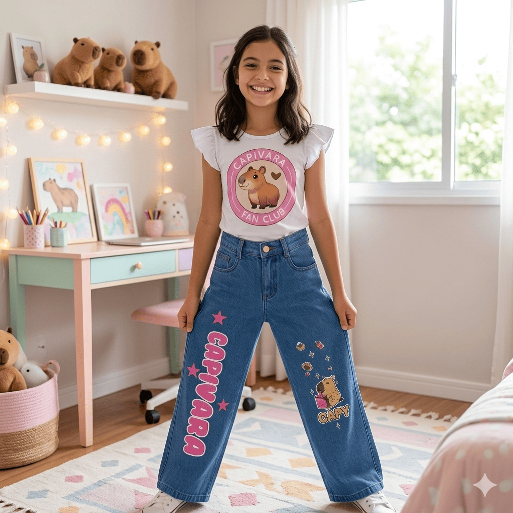 Conjunto Infantil Menina Calça Jeans Feminina Wide Leg Regulagem na Cintura Blusa Capivara - Claro