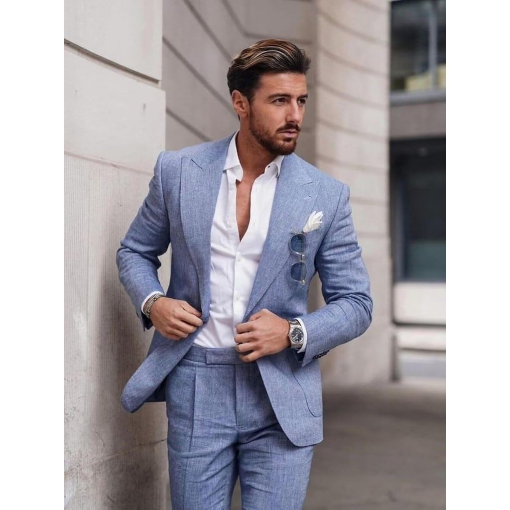 Conjunto De Terno De Linho Masculino De 2 Peças , Roupa Casual Slim Fit , Blazer Leve De Verão E Calças Para Casamento N