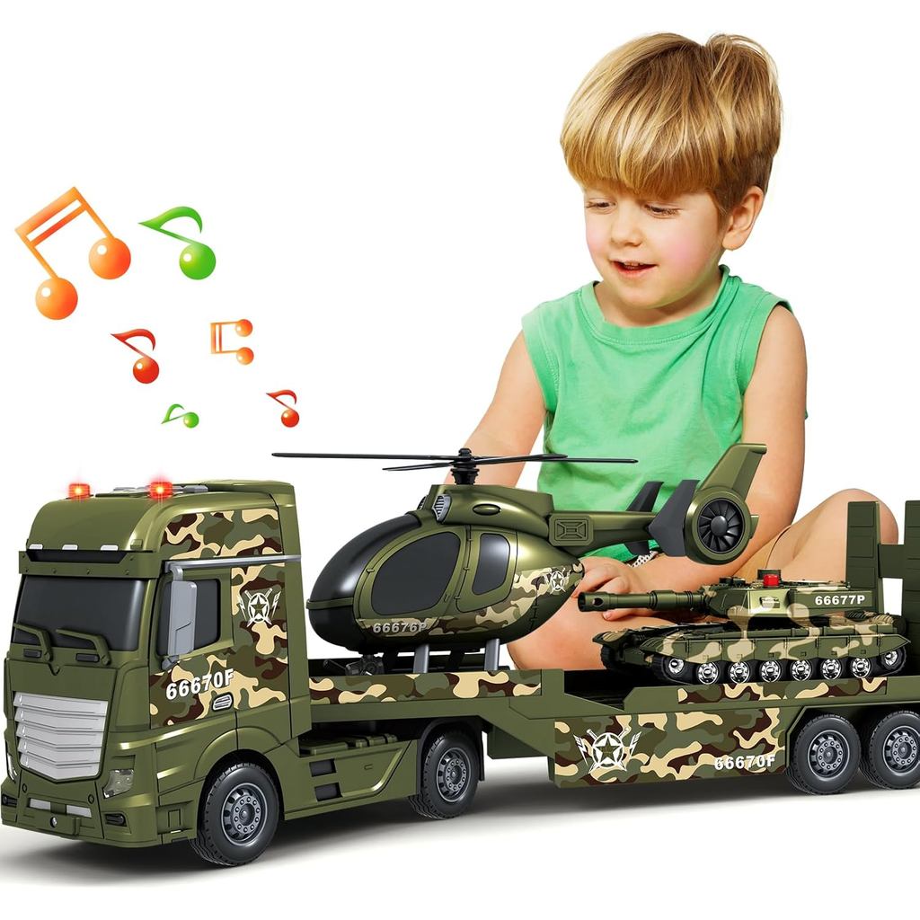Brinquedo para Meninos SpringFlower, Caminhão Militar Grande 3 em 1, Inclui Helicóptero e Tanque, Brinquedo de Caminhão 