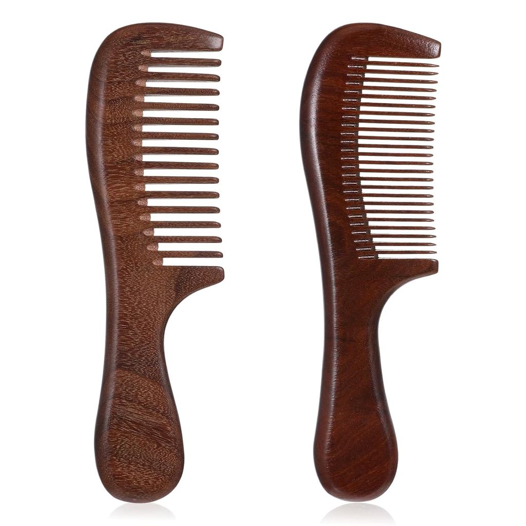 Conjunto de 2 pentes de sândalo com dentes largos e finos, pentes de madeira desembaraçadores antiestáticos, pentes de s