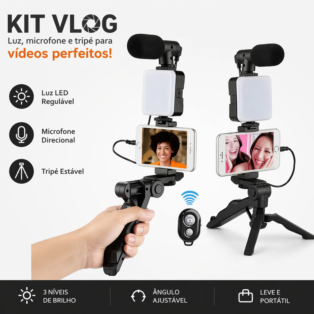 Kit Vídeo e Fotografia para Smartphone com Microfone Luz LED Mini Tripé Suporte e Controle Bluetooth