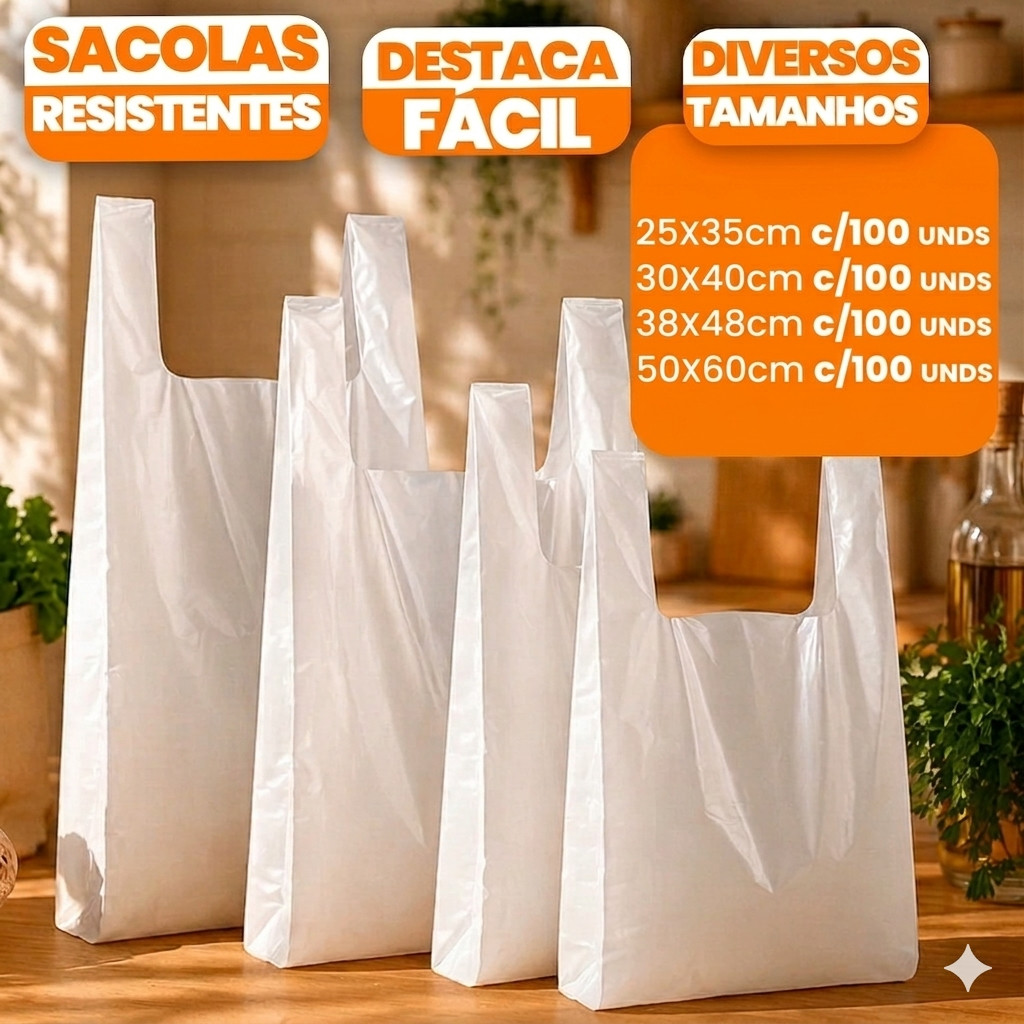 Kit 100 Sacolas plásticas Branca Virgem Super Mercado 25x35 30x40 38x48 50x60 com 100 unidades